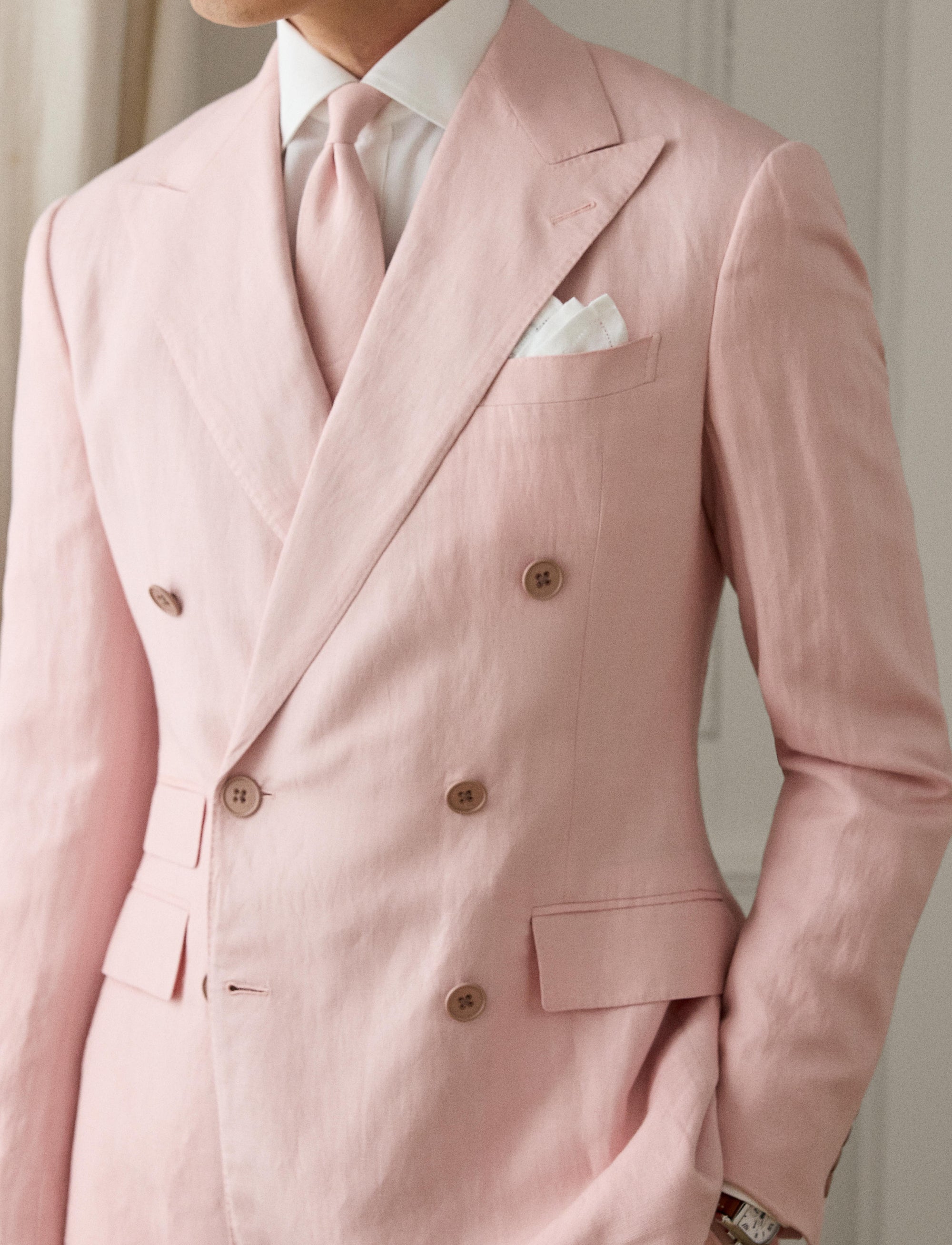 Veste Kent en soie et lin mélangé - Soft Pink