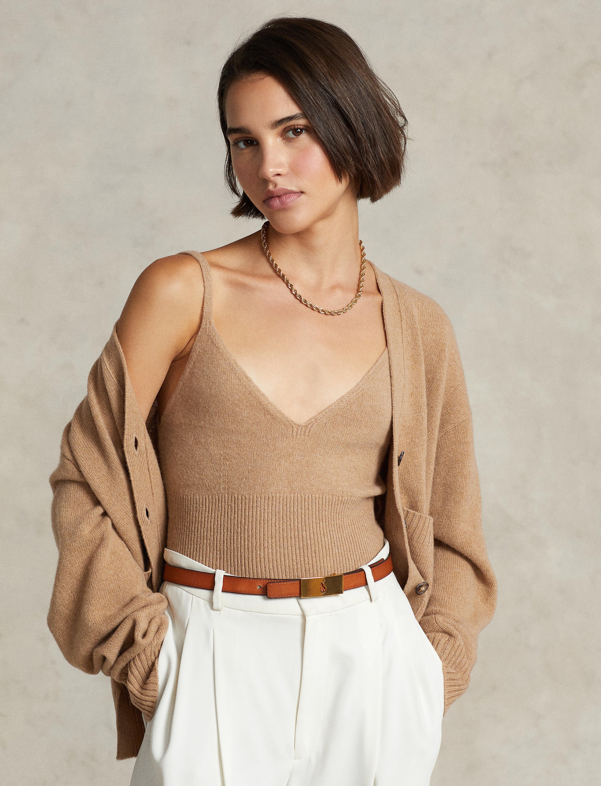 Cardigan jumper in wool blend - Camel Melange Collection