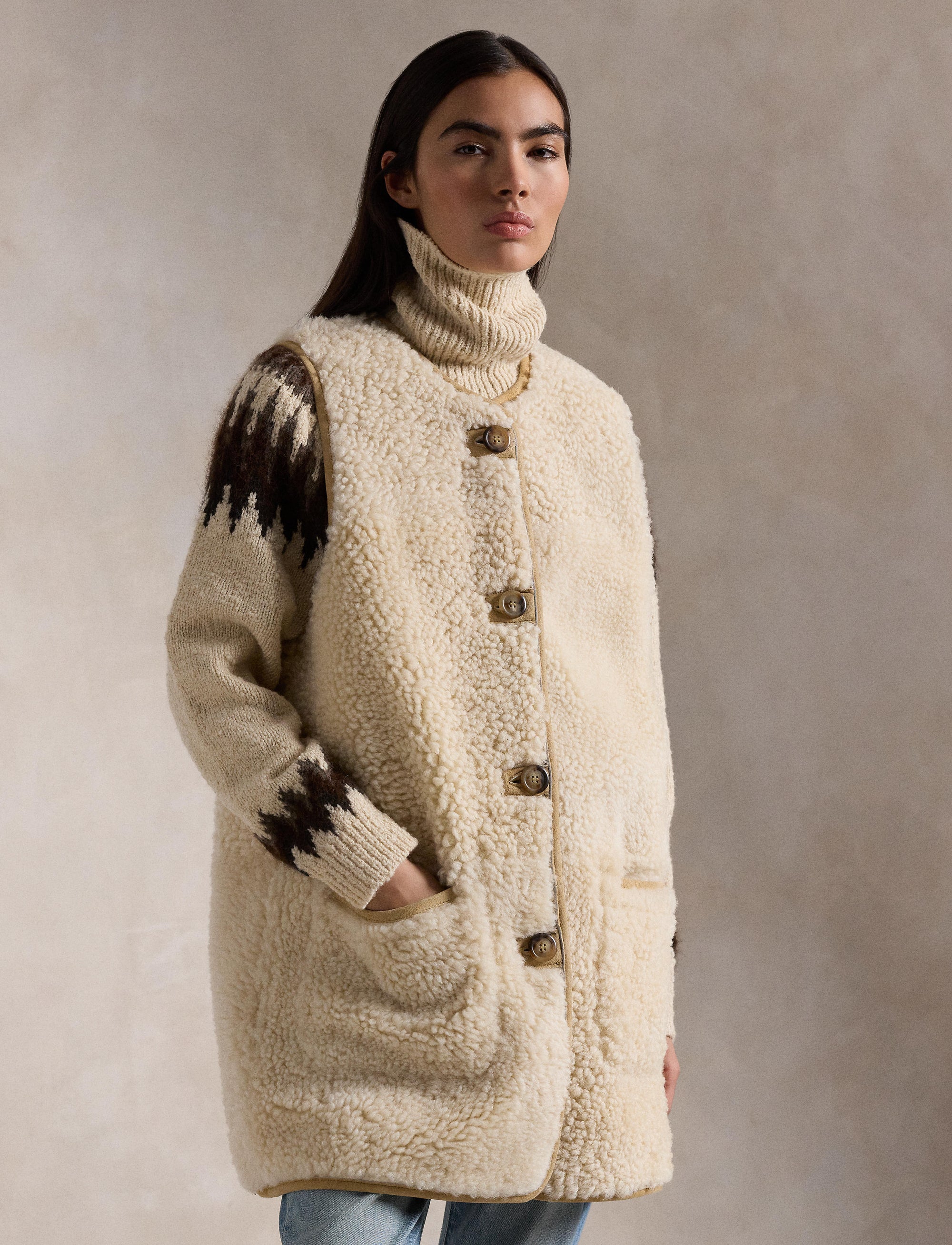 Reversible wool waistcoat - Vintage Saddle-Cream