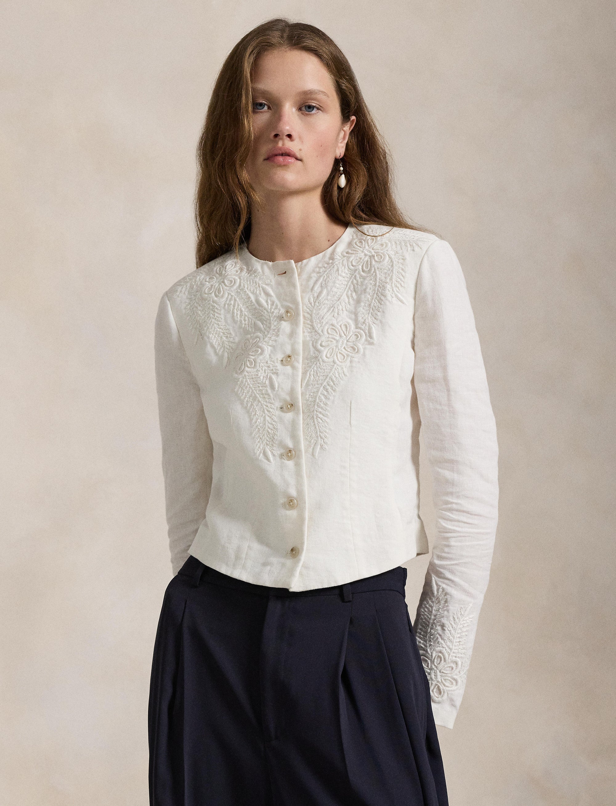 Veste à broderie fleurie en lin - Cream