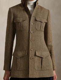 Linen and silk blend herringbone mock neck jacket - Brown & Cream Herringbone