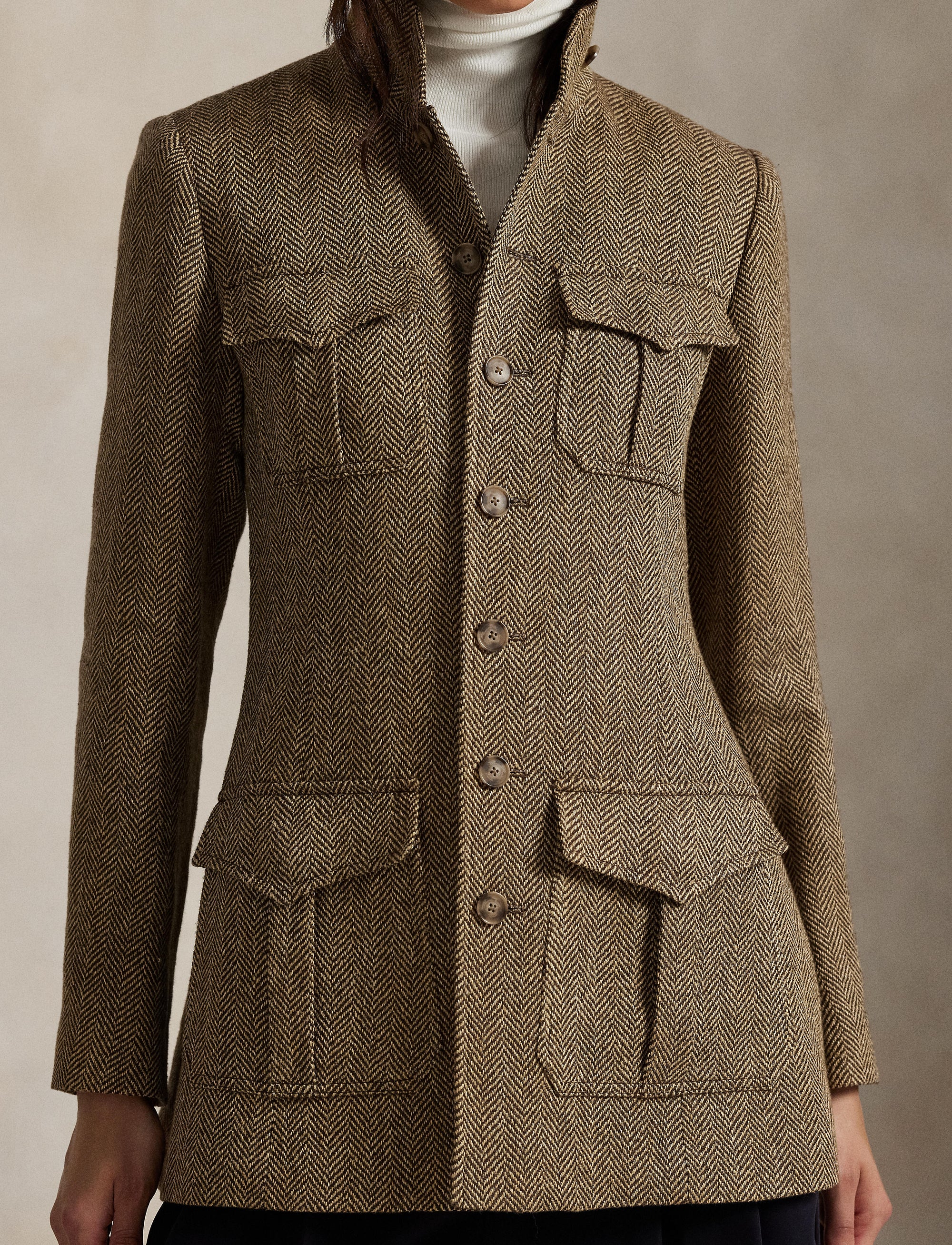Linen and silk blend herringbone mock neck jacket - Brown & Cream Herringbone