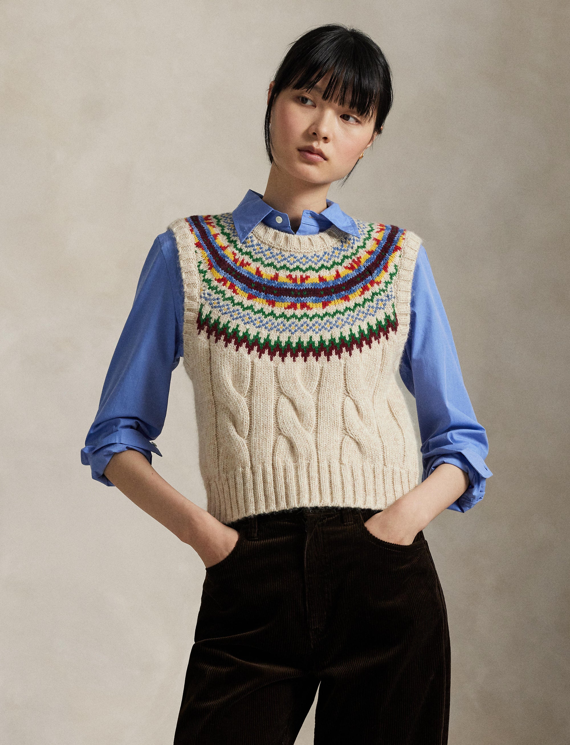 Tank jumper with Fair Isle yoke - Tan & Multicolour