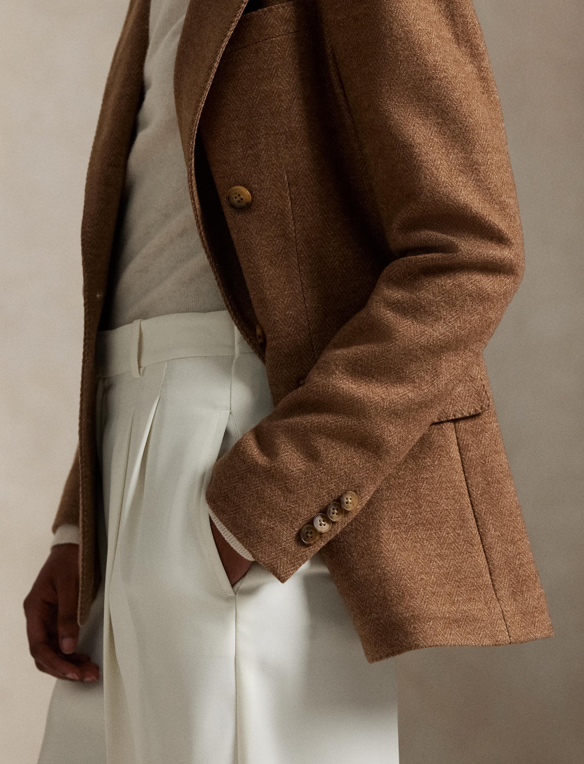 Blazer croisé à chevrons en laine - Tan Herringbone