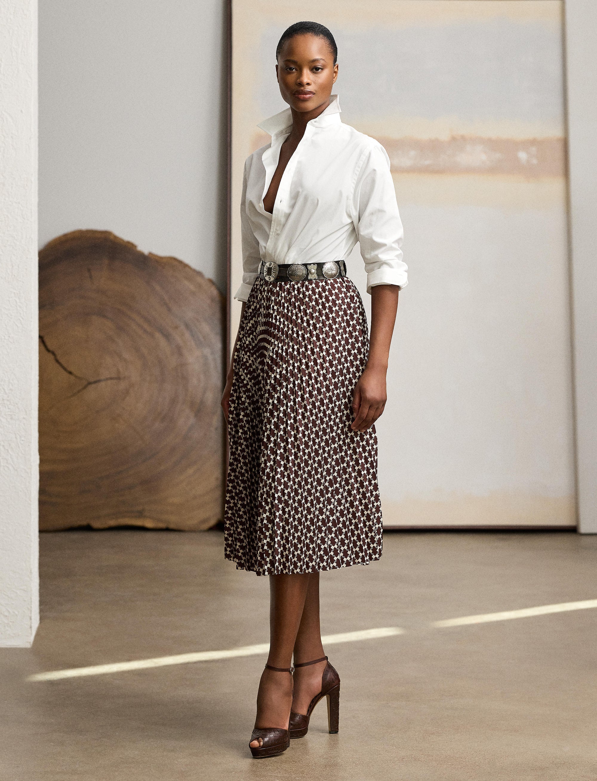 Trivelas pleated skirt with taffeta pattern - Mocha & Lux Cream