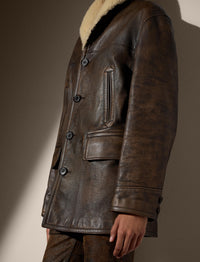 Manteau Cooper en peau lainée et cuir - Vintage Brown