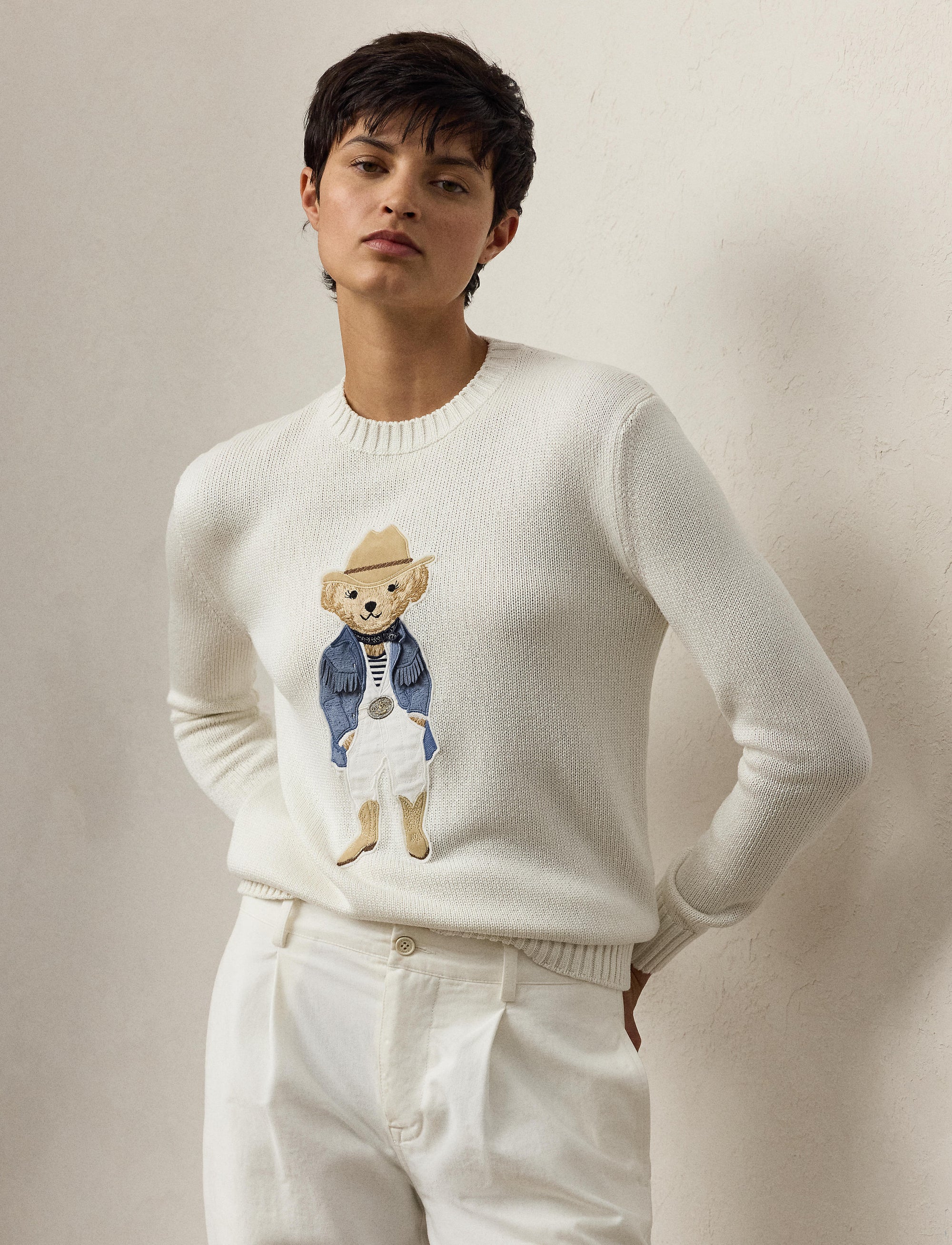 Hamptons Spring Polo Bear jumper in silk - Cream
