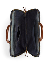 Leather-trimmed denim briefcase - Indigo