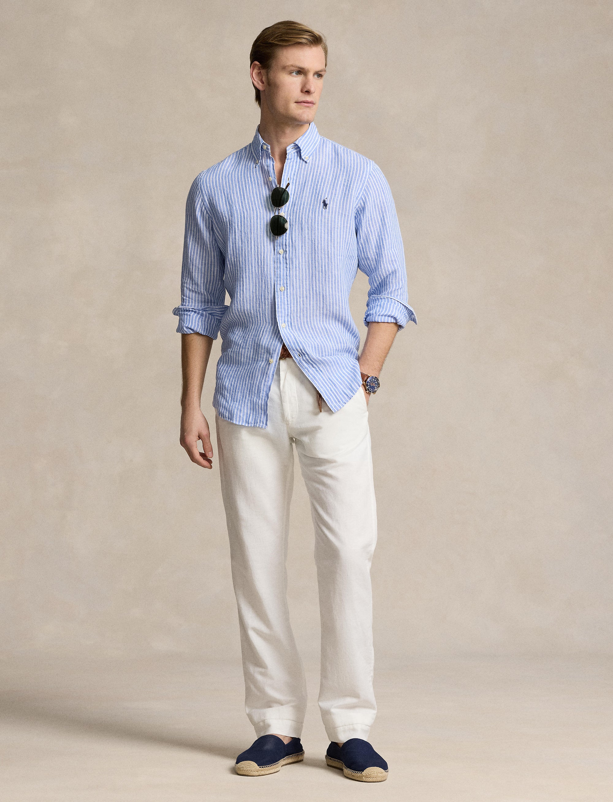 Chemise rayée Custom Fit en lin - Blue & White