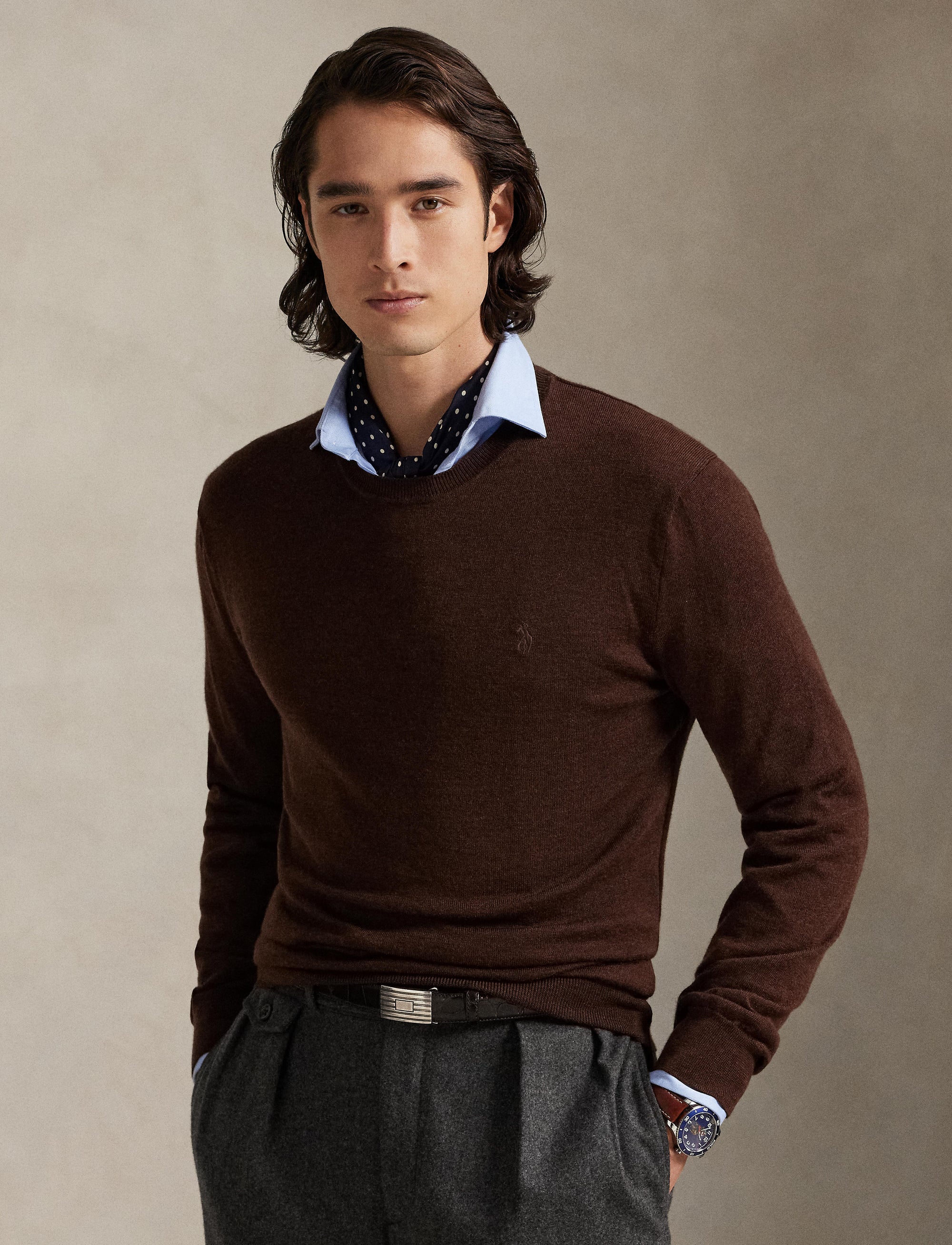 Pull col rond lavable Slim Fit en laine - Burnt Brown Melange