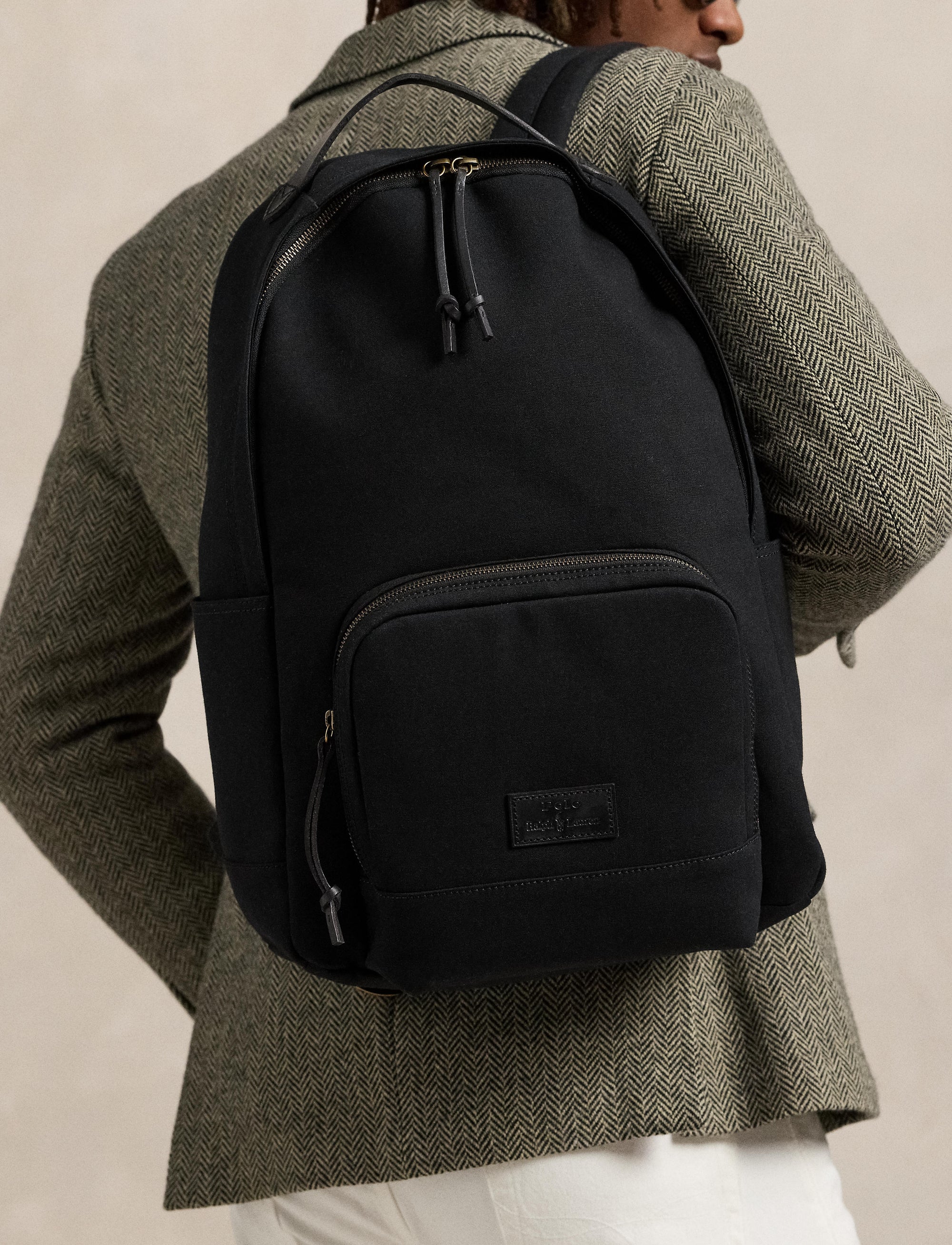 Sac à dos en toile bordé de cuir - Black & Black