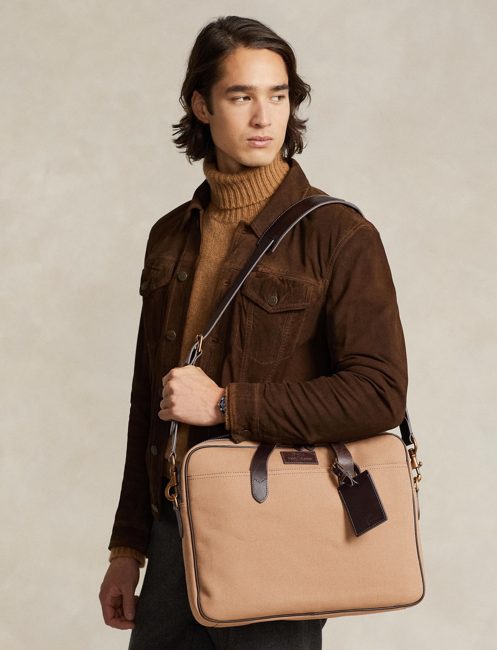 Porte-documents en toile et finition cuir - Tan & Brown