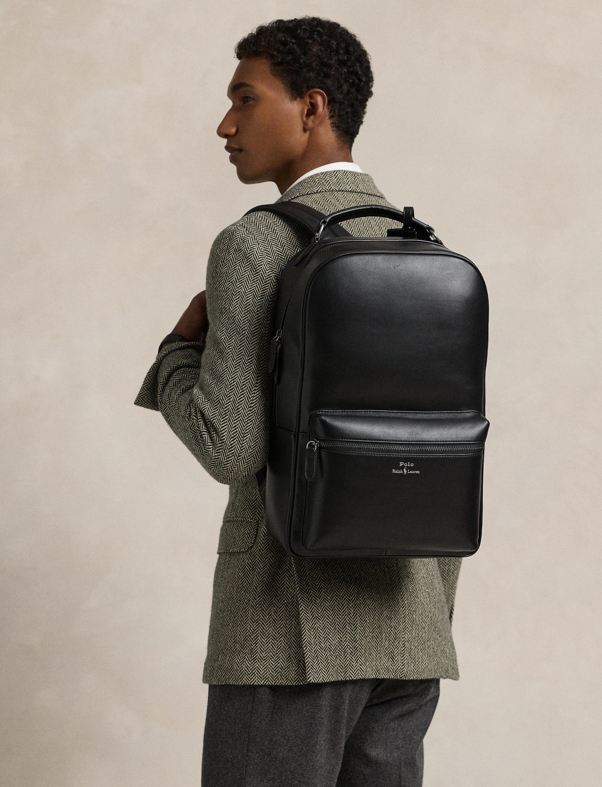 Sac à dos à poche zippée en cuir - Noir
