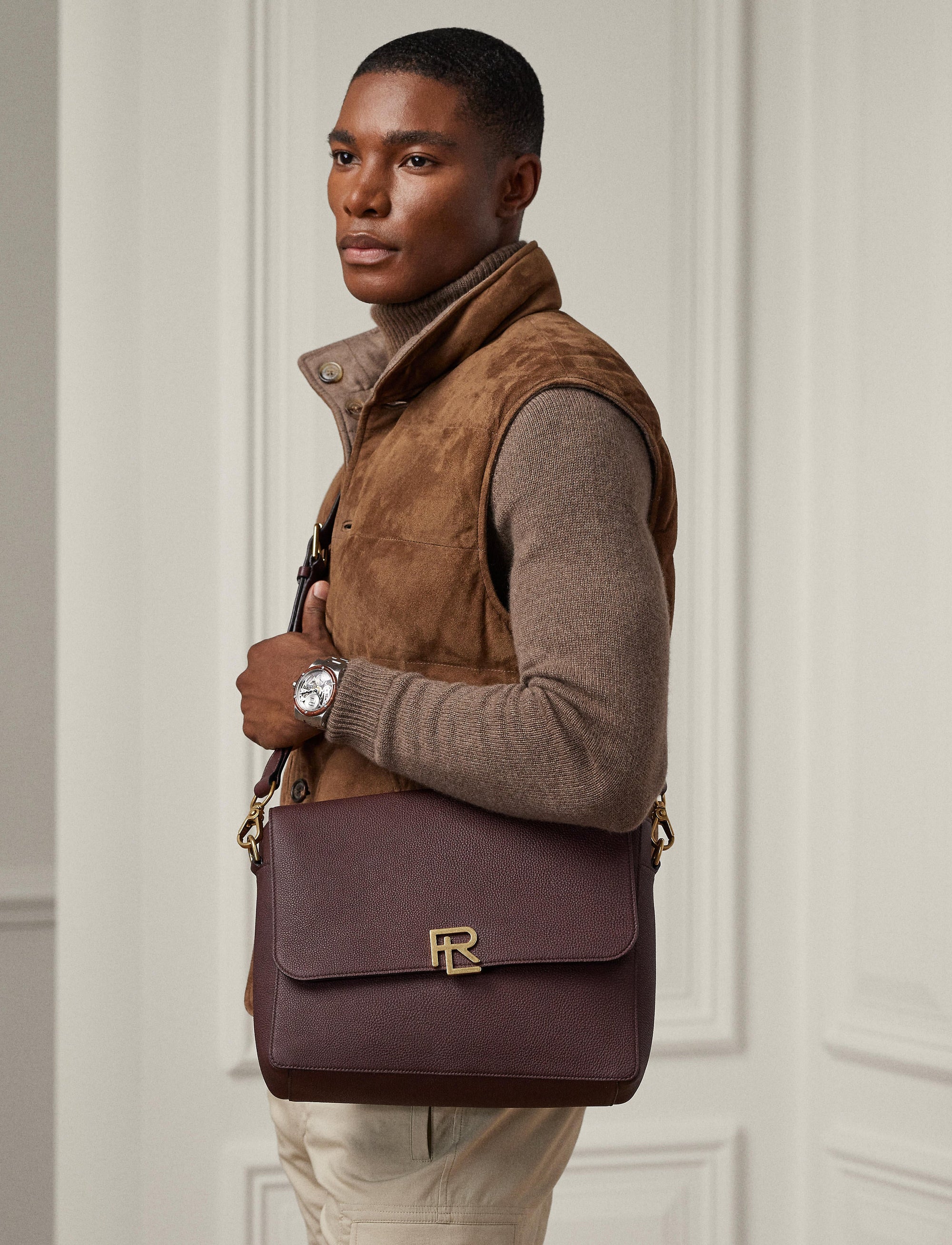 RL messenger bag in chagrin leather - Luggage Brown