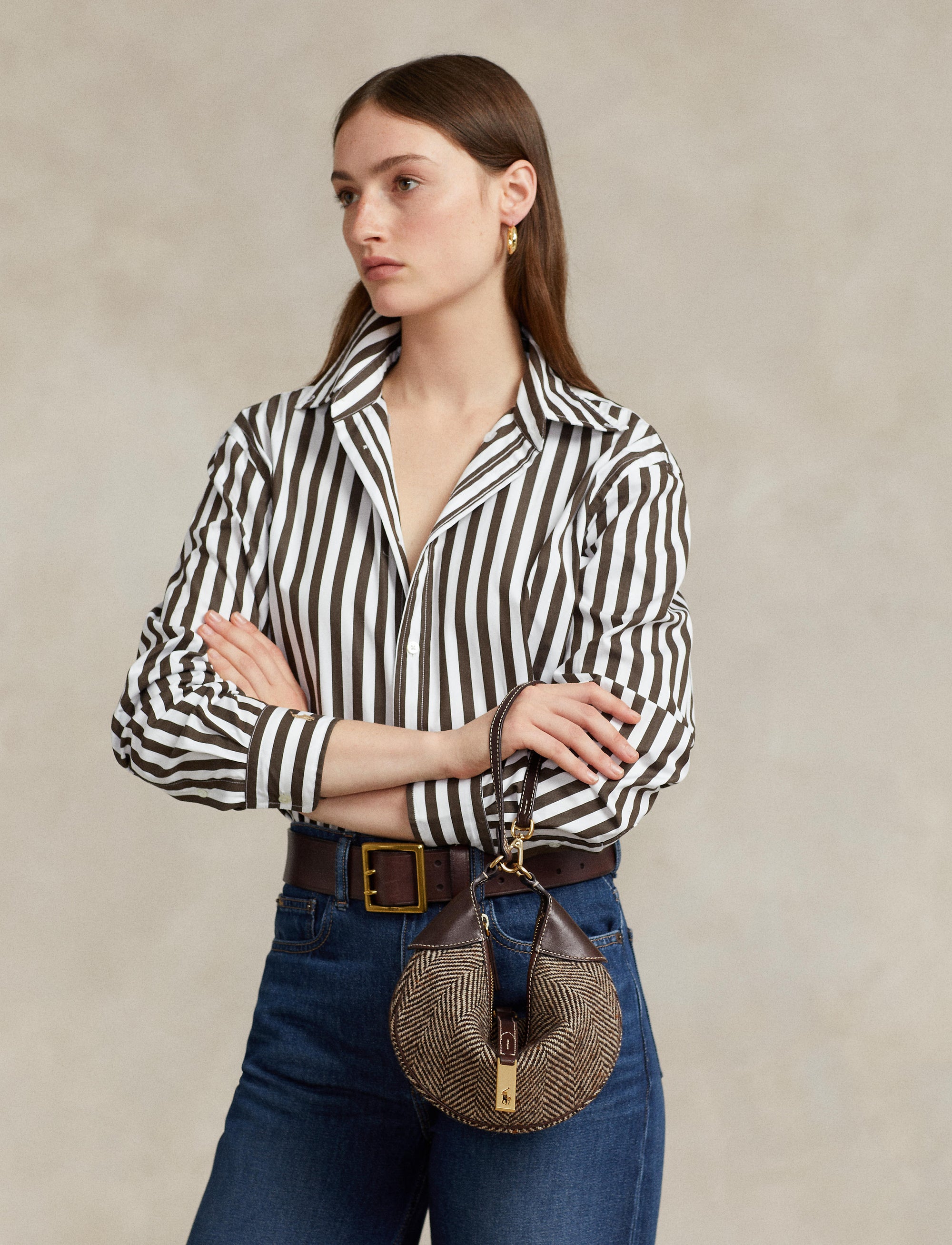 Shoulder Polo ID mini bag in wool and leather mix - Oversize Brown & Cream Herringbone