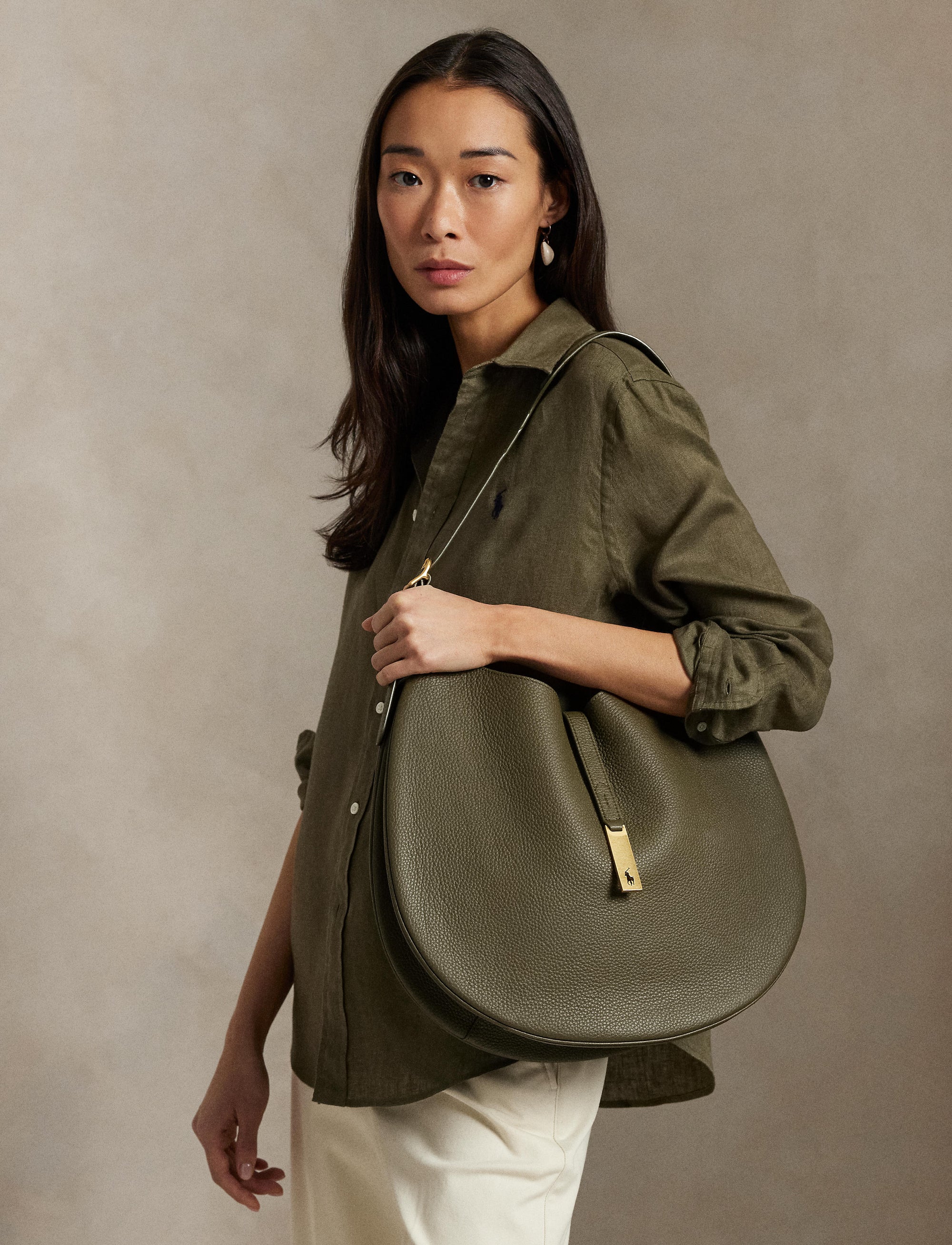 Sac Grand Shoulder Polo ID en cuir - Hunting Olive