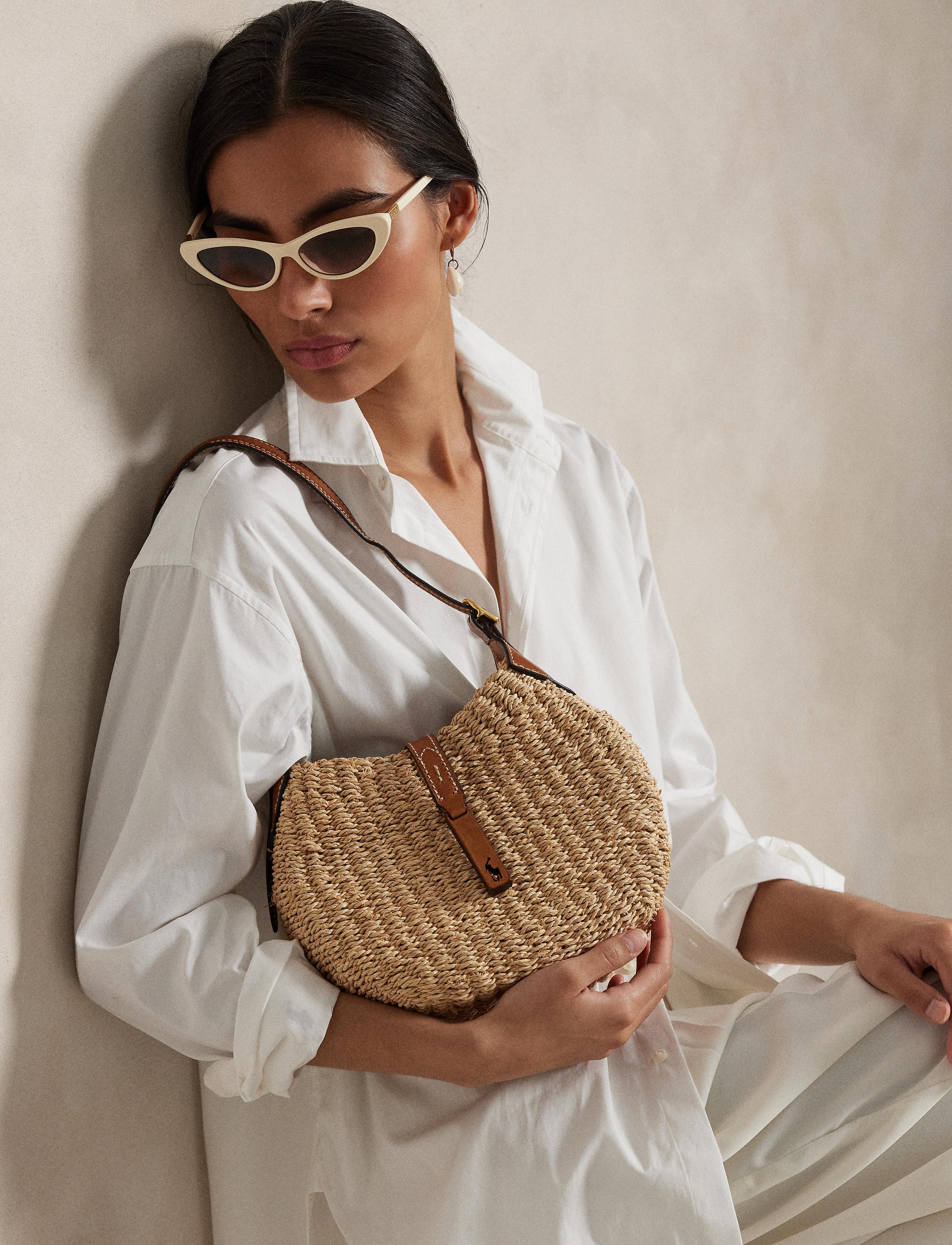 Petit sac Shoulder Polo ID en raphia - Natural & Cuoio