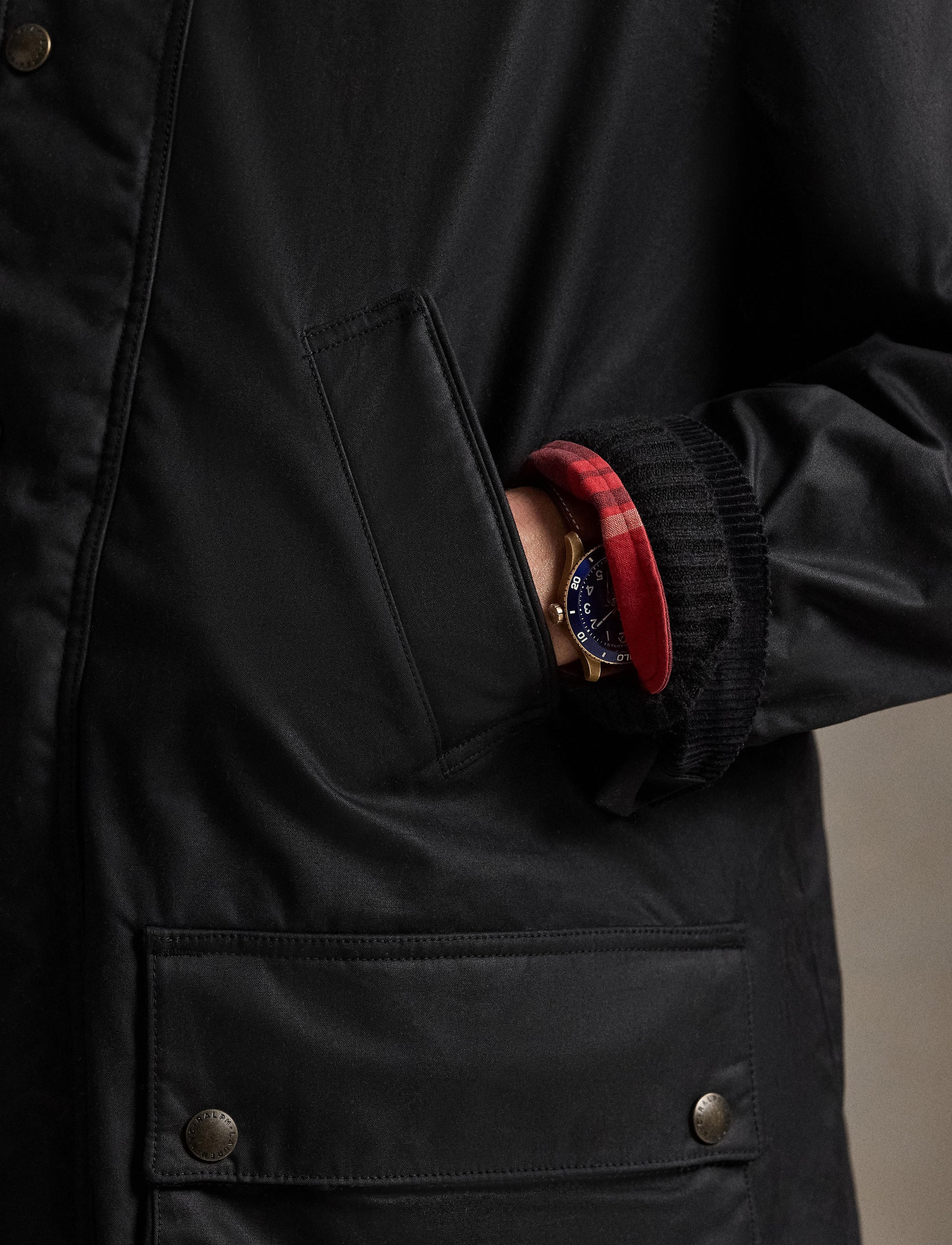 Emblematic three-quarter length waxed canvas coat - Polo Black