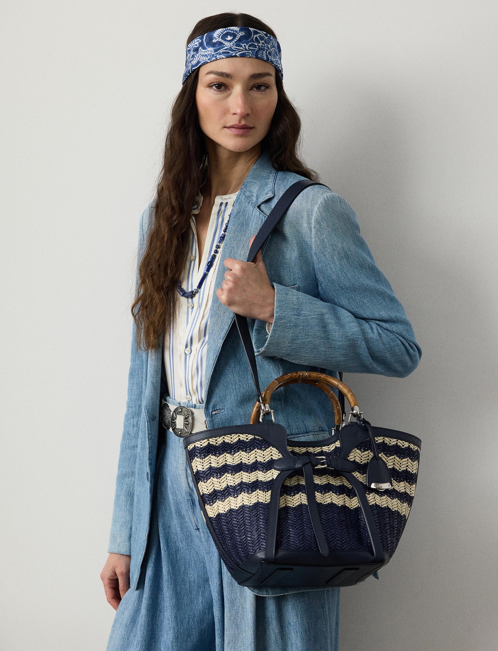 Cabas Ralph en raphia tressé - Navy & Natural
