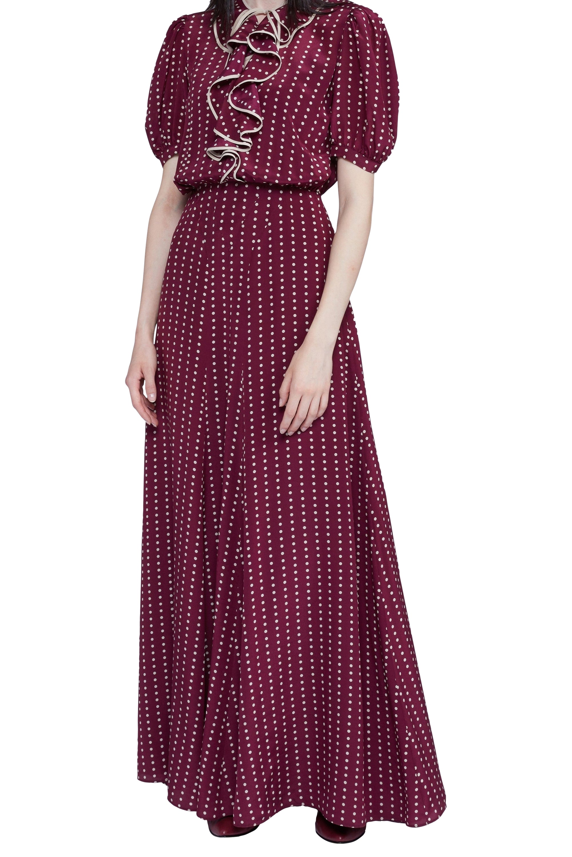 Robe longue à pois manches courtes en soie - Bordeaux & Bianco