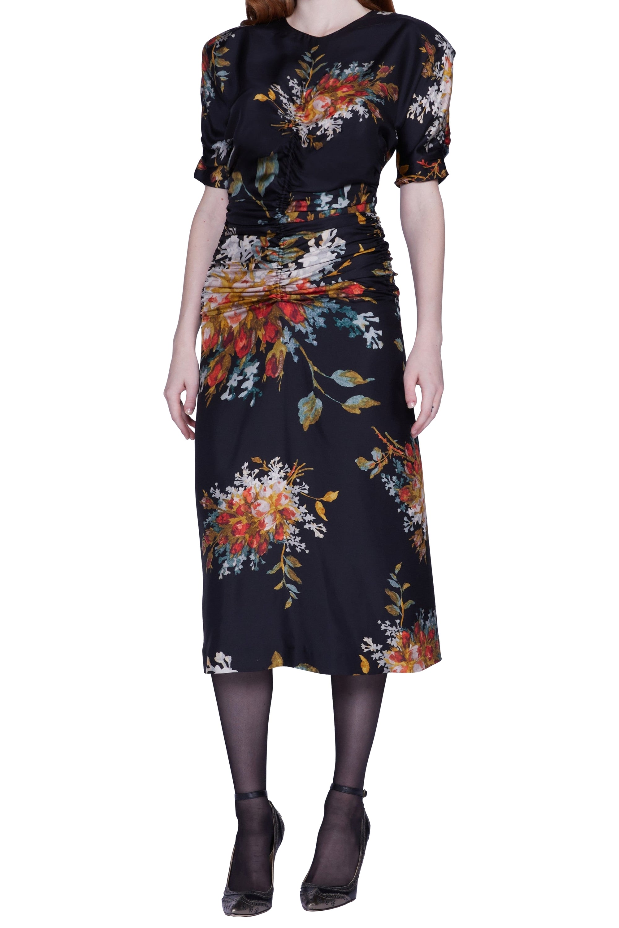 Robe avec plissé devant et manches courtes en soie - Nero Fantasia