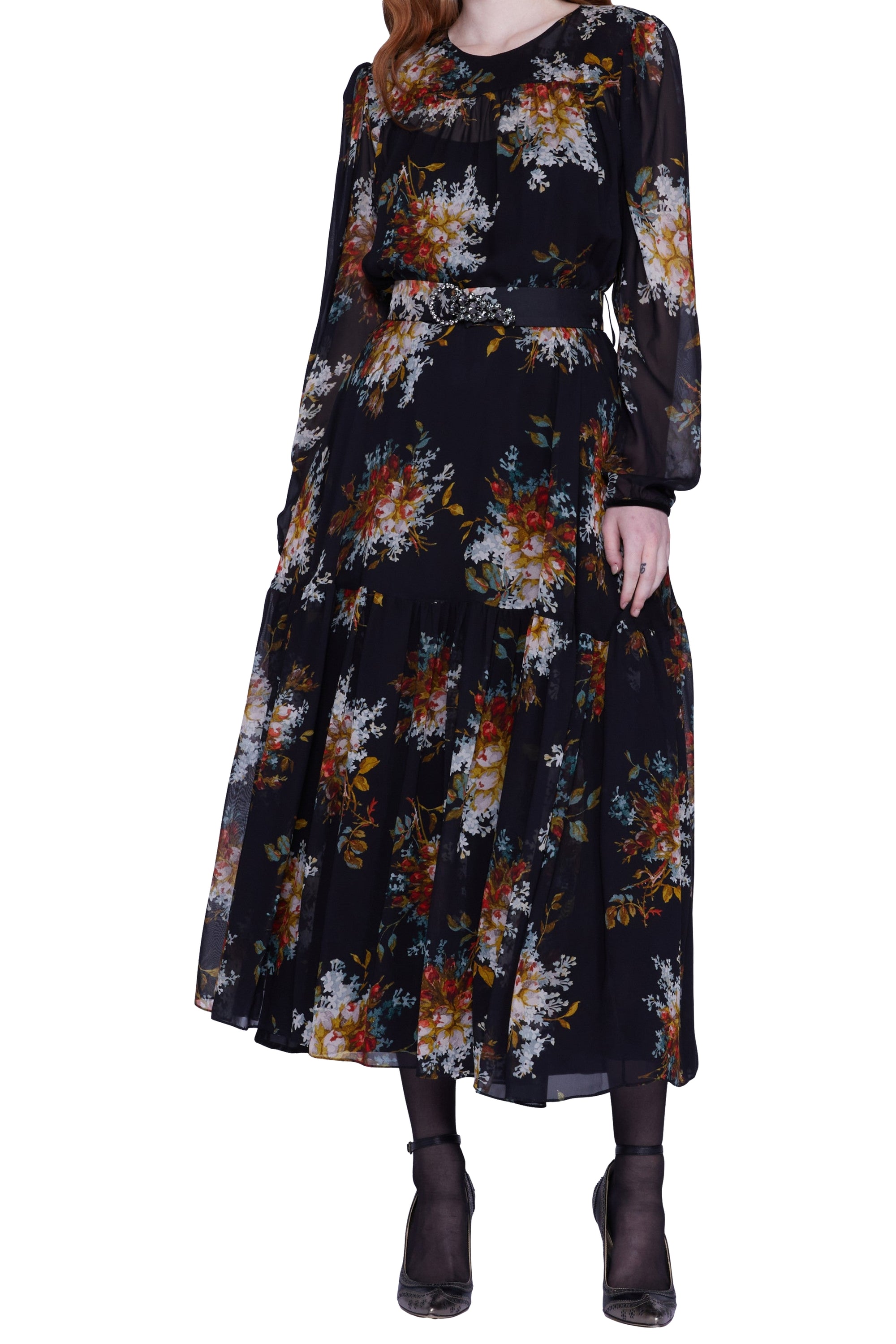 Robe avec ceinture bijou et manches longues - Nero Fantasia