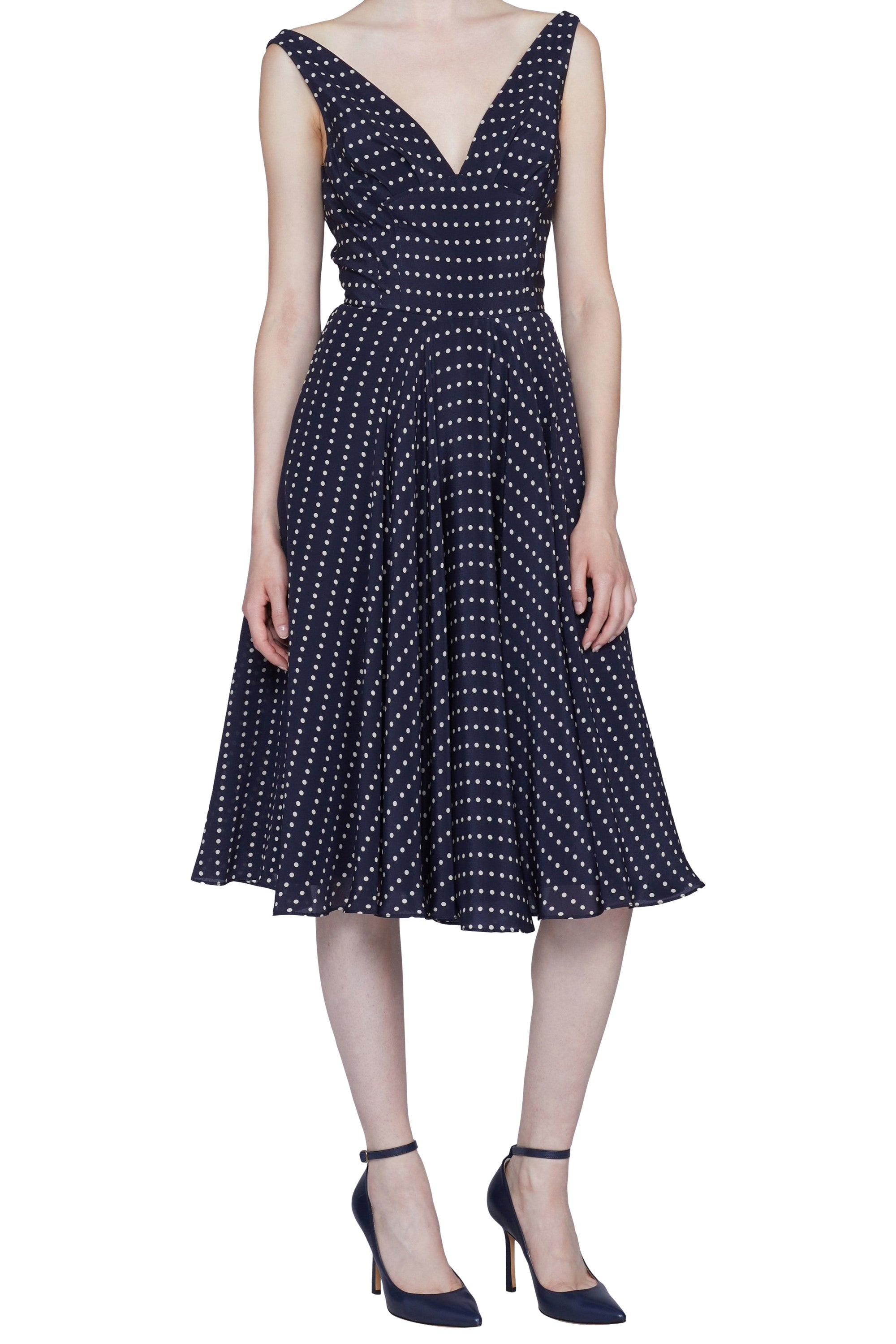 Robe midi à pois avec décolleté V en soie - Blu & Bianco
