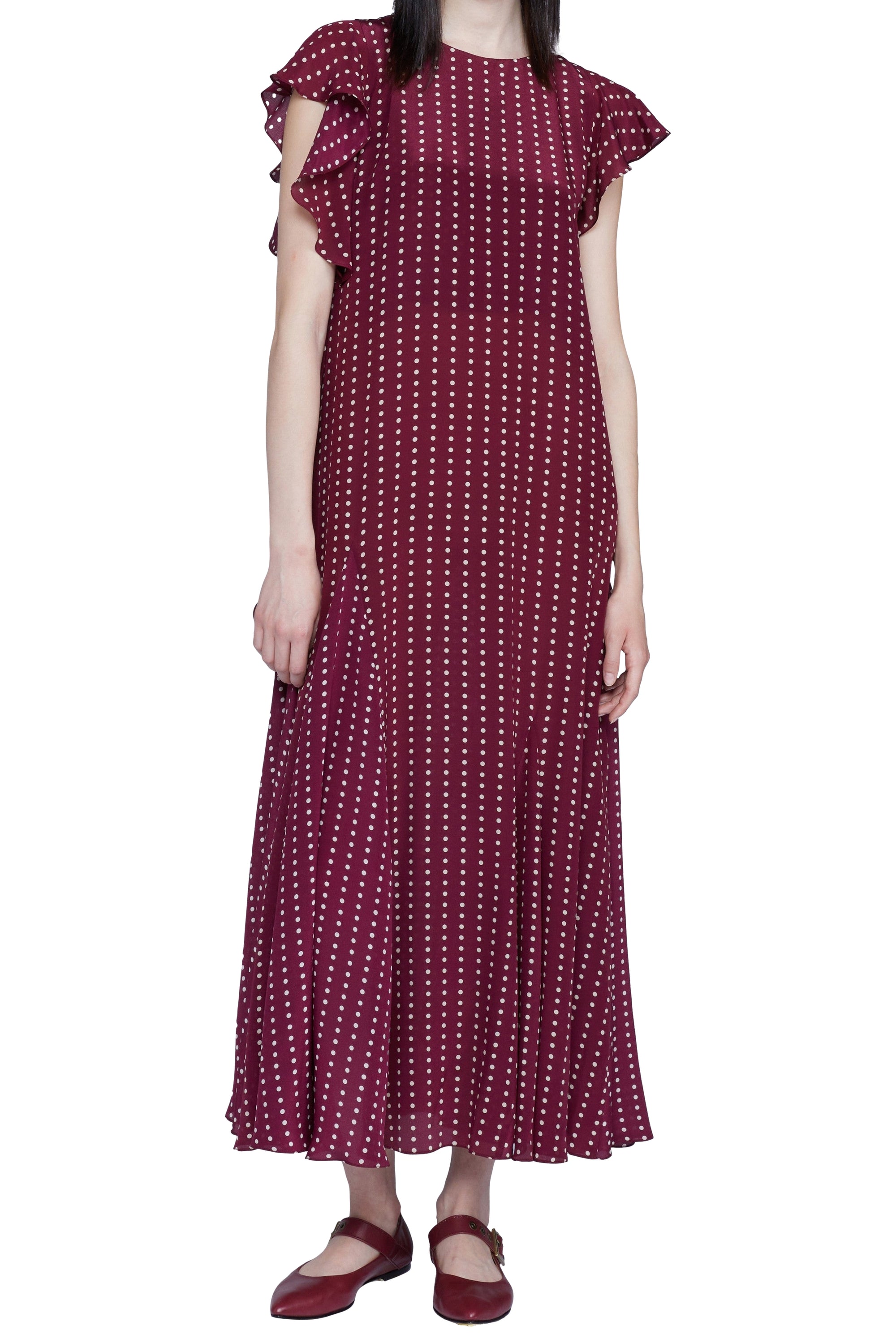 Robe midi à pois avec détail volant sur le côté en soie - Bordeaux & Bianco