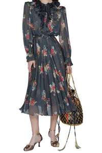 Robe à imprimé fleurs en soie - Nero Fantasia Rosso