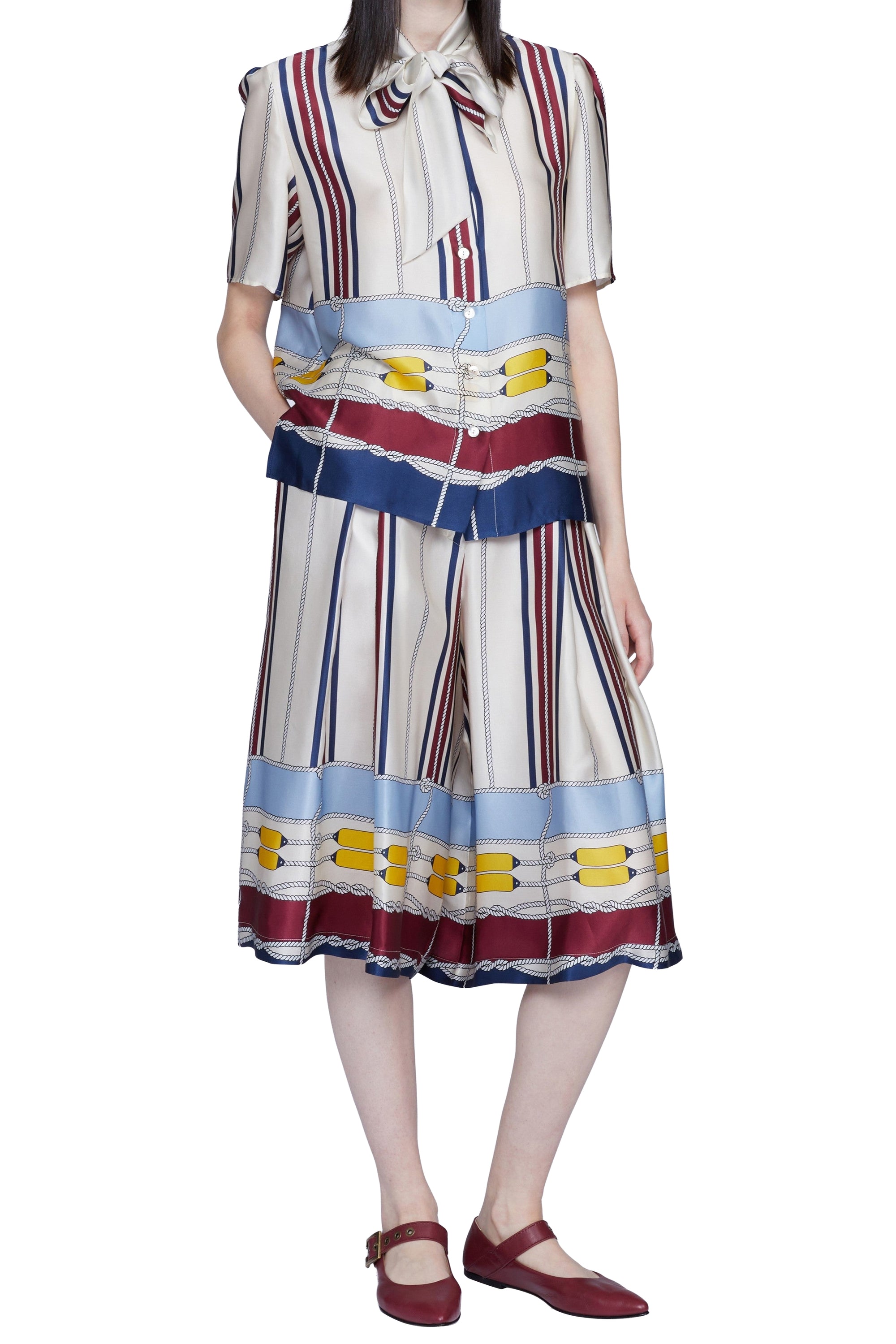 Chemise manches courtes nœud au col en soie - Avorio Fantasia