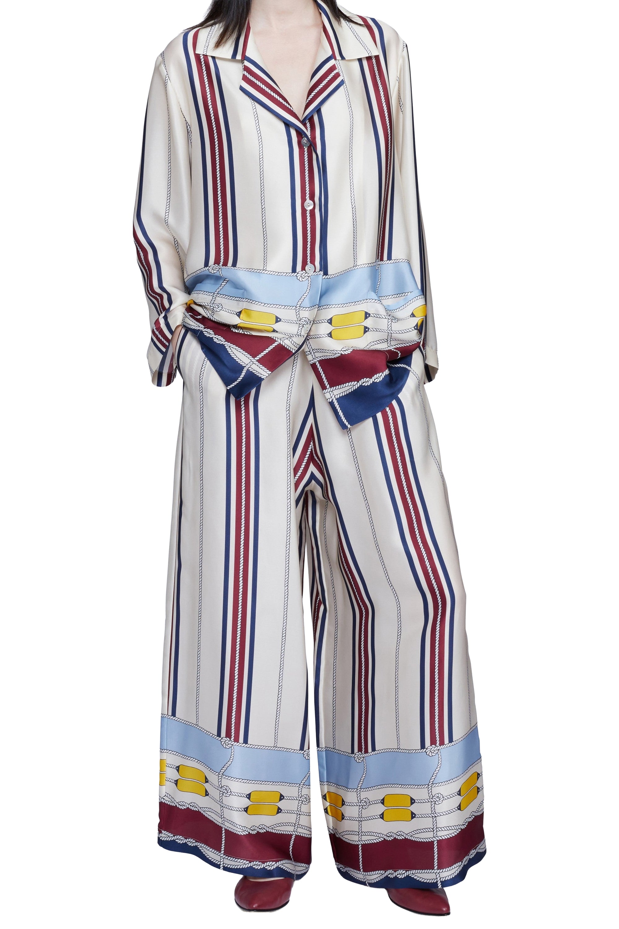 Chemise pyjama imprimé passepoil en soie - Avorio Fantasia