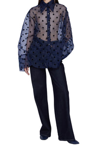 Chemise oversize en organza à pois avec col pointu - Blu & Nero