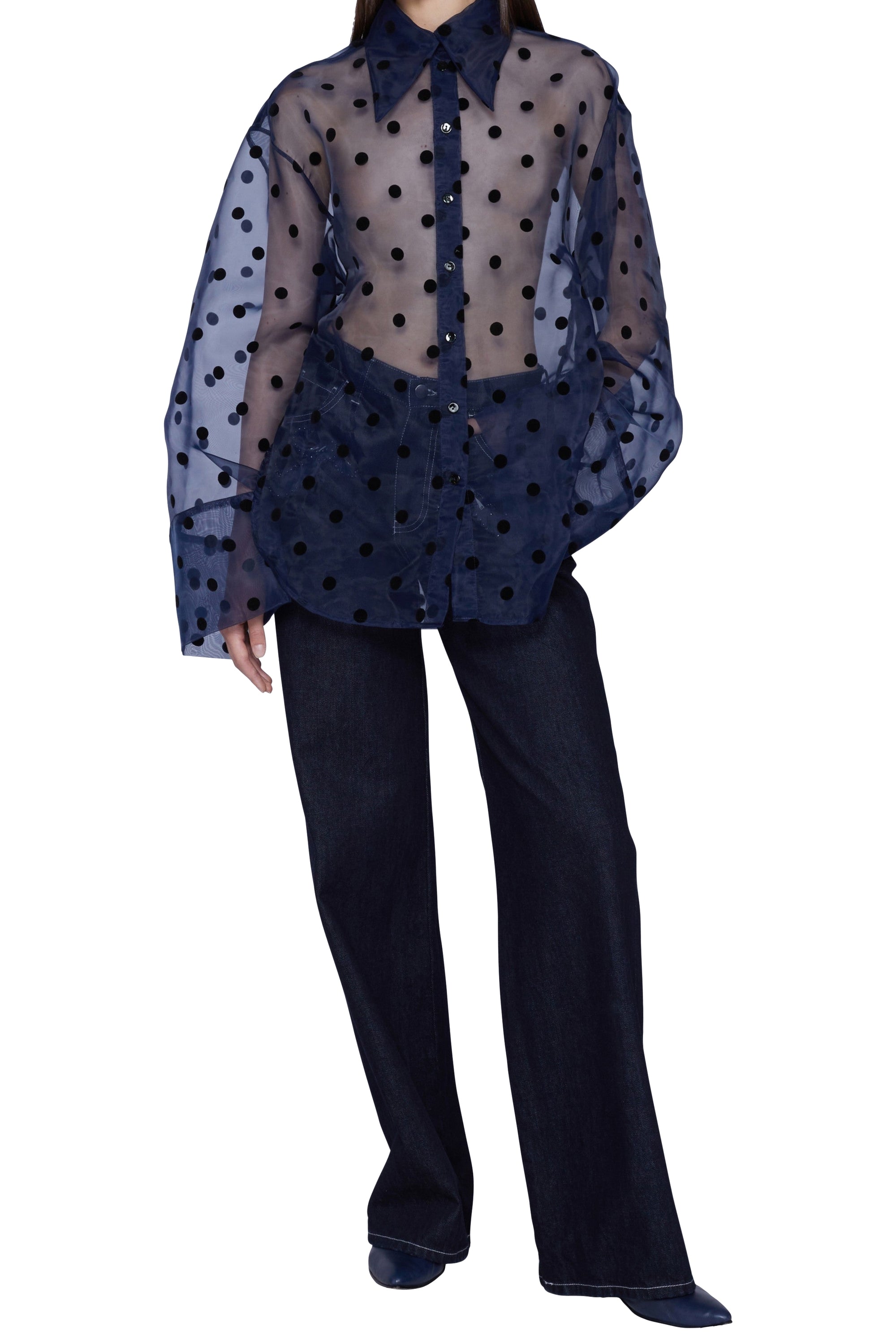 Chemise oversize en organza à pois avec col pointu - Blu & Nero
