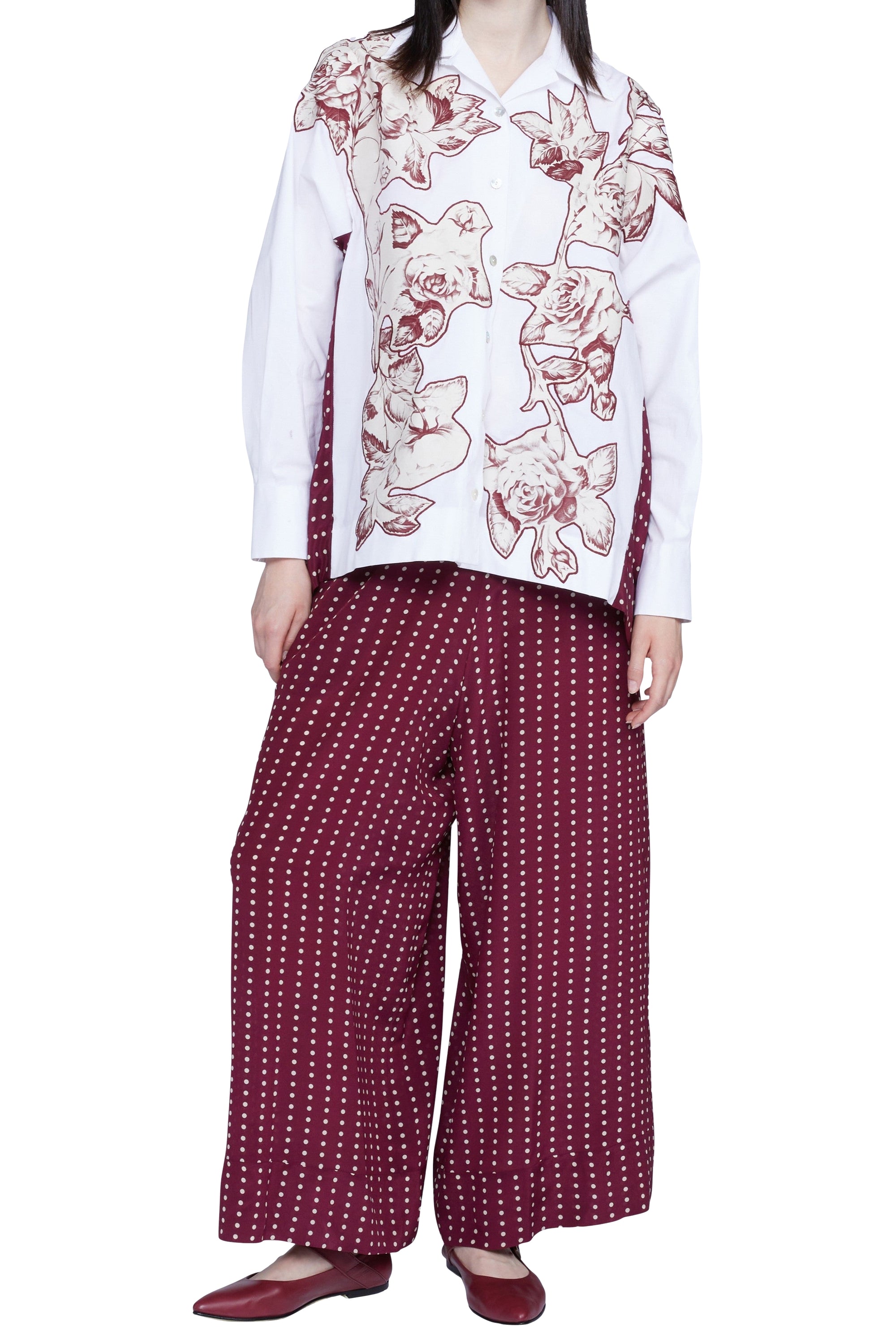 Chemise avec panneau insertion fleur - Bianco & Bordeaux