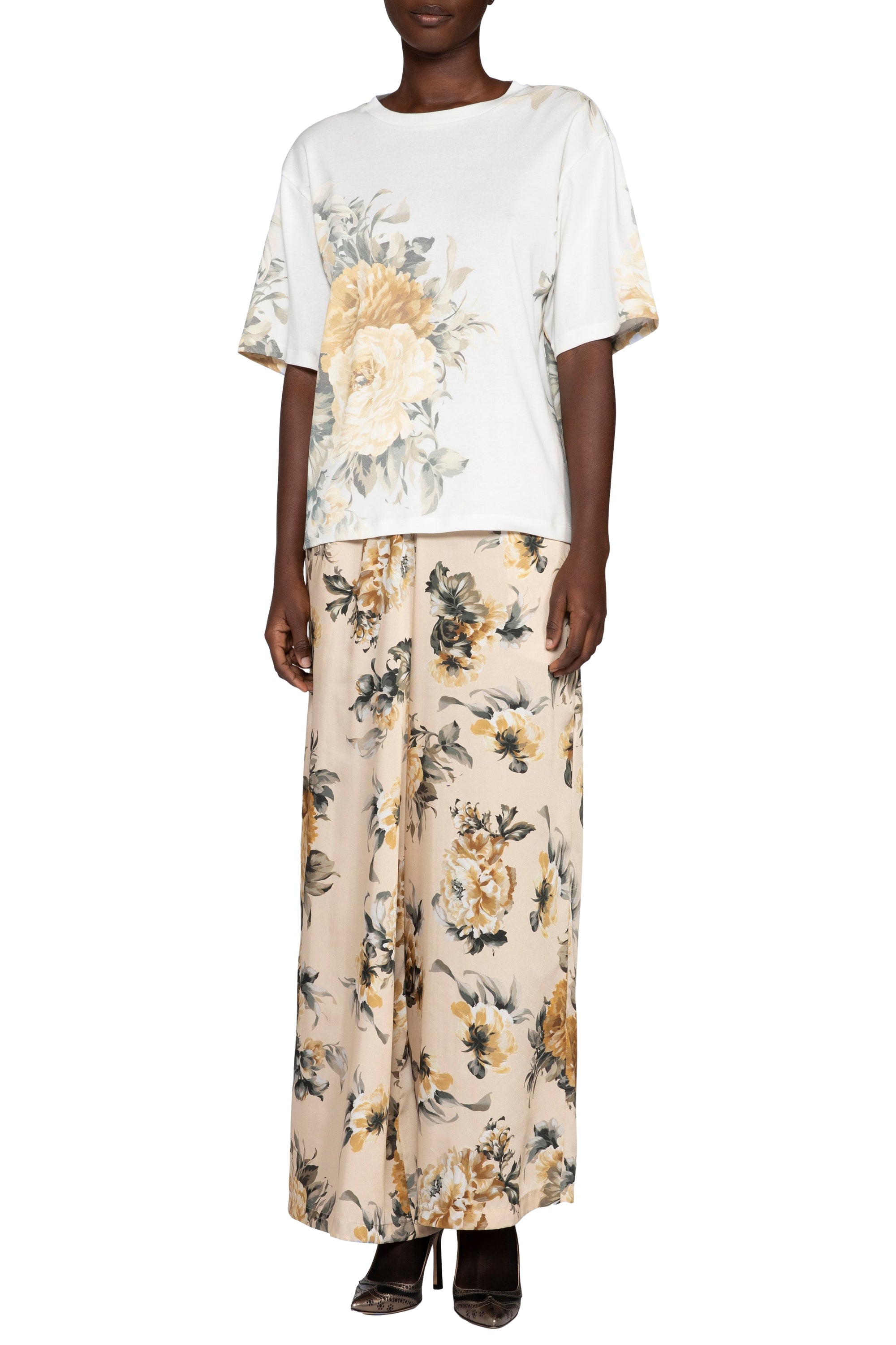 Pantalon avec élastique à la taille en soie - Crema Fantasia