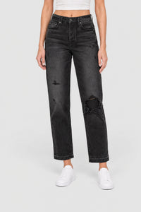 Crop Straight Lthr Denim Pants