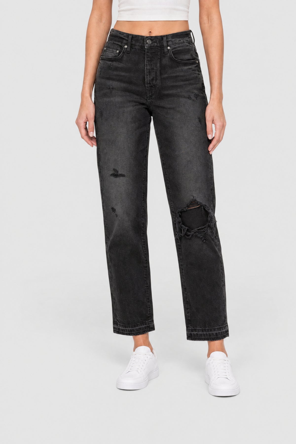 Crop Straight Lthr Denim Pants