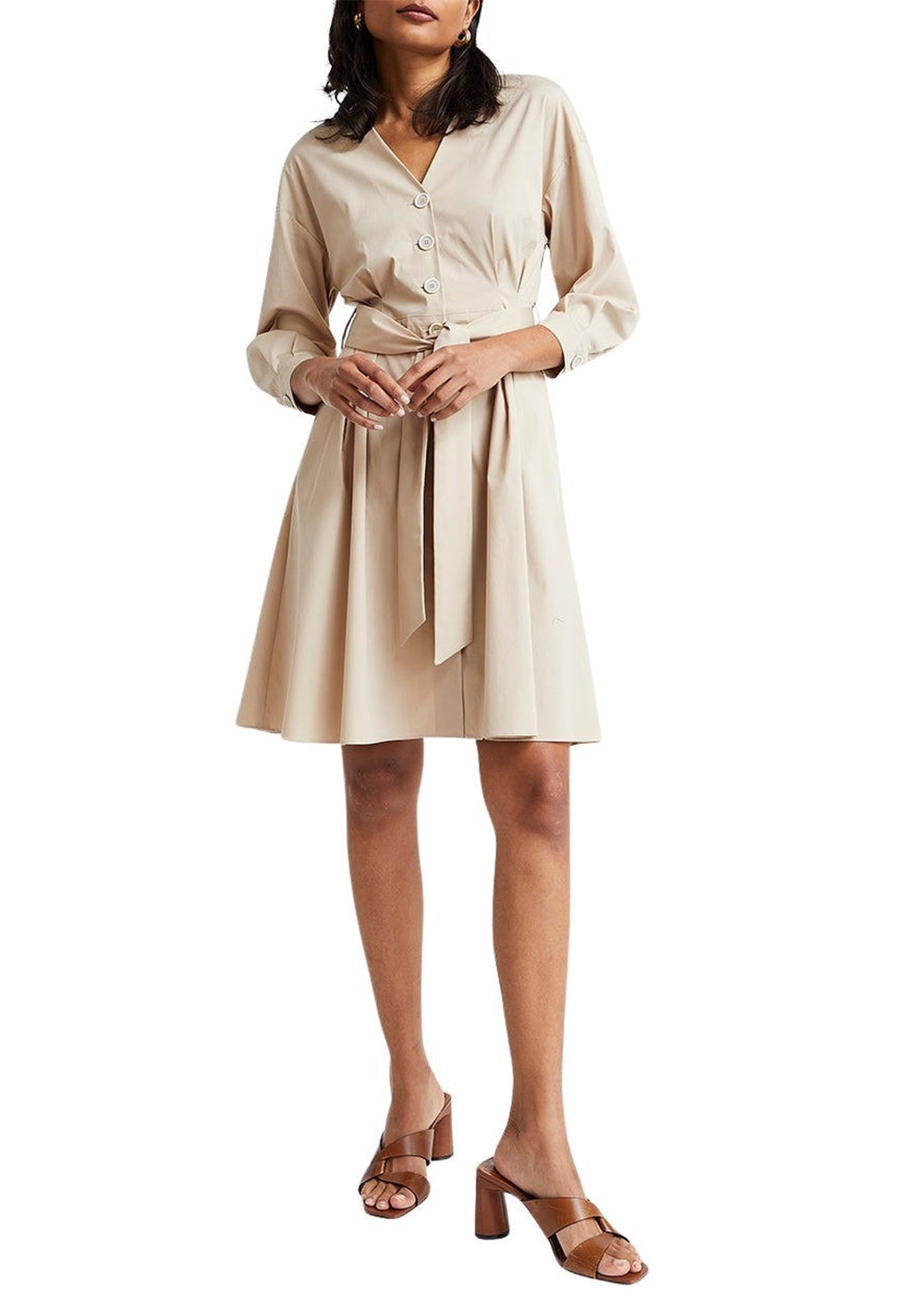 Robe coton decollete v - Beige Moyen