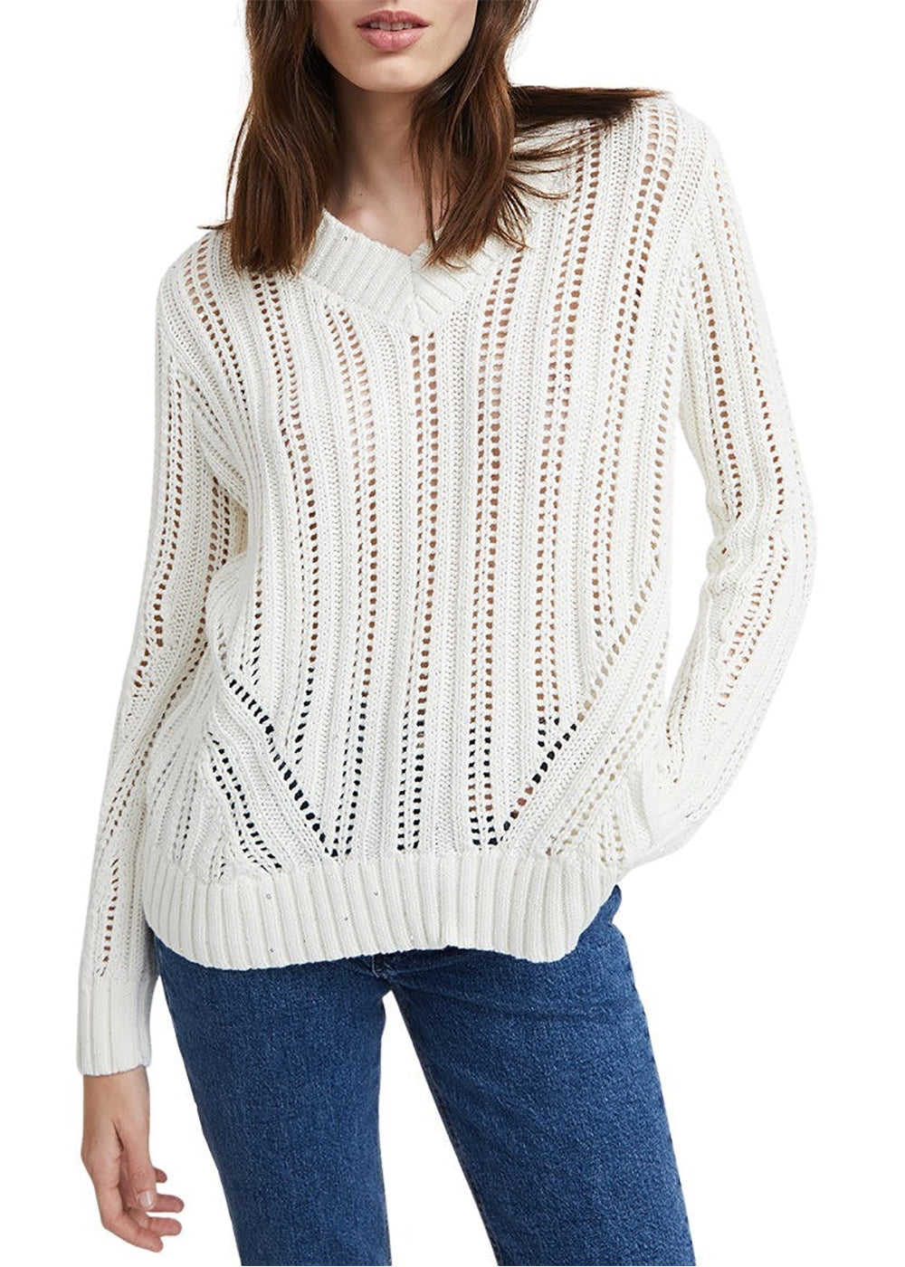 Pull ajoure col v - Blanc Cassé