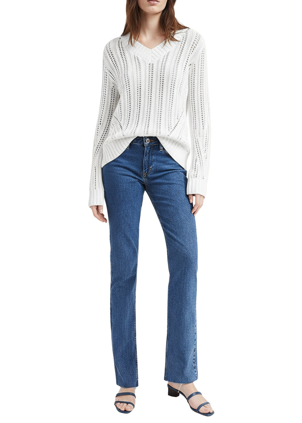 Pull ajoure col v - Blanc Cassé
