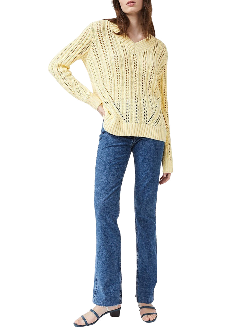 Pull ajoure col v - Jaune Moyen