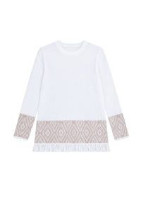 Pull à rayures jacquard et franges - Blanc Optique
