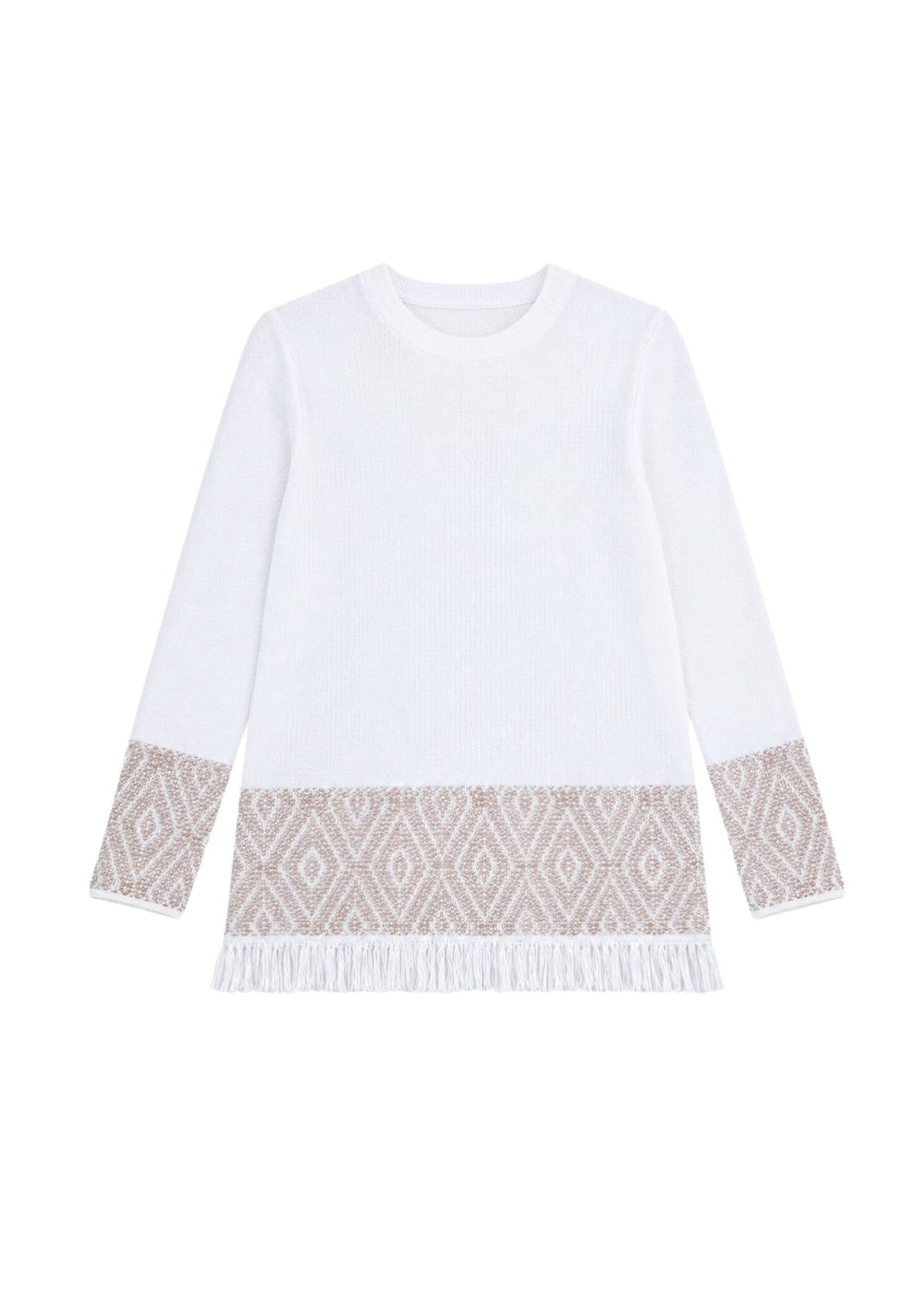 Pull à rayures jacquard et franges - Blanc Optique