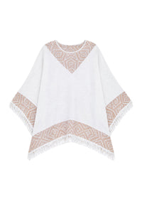 Poncho with a geometric pattern and fringes - Optical White