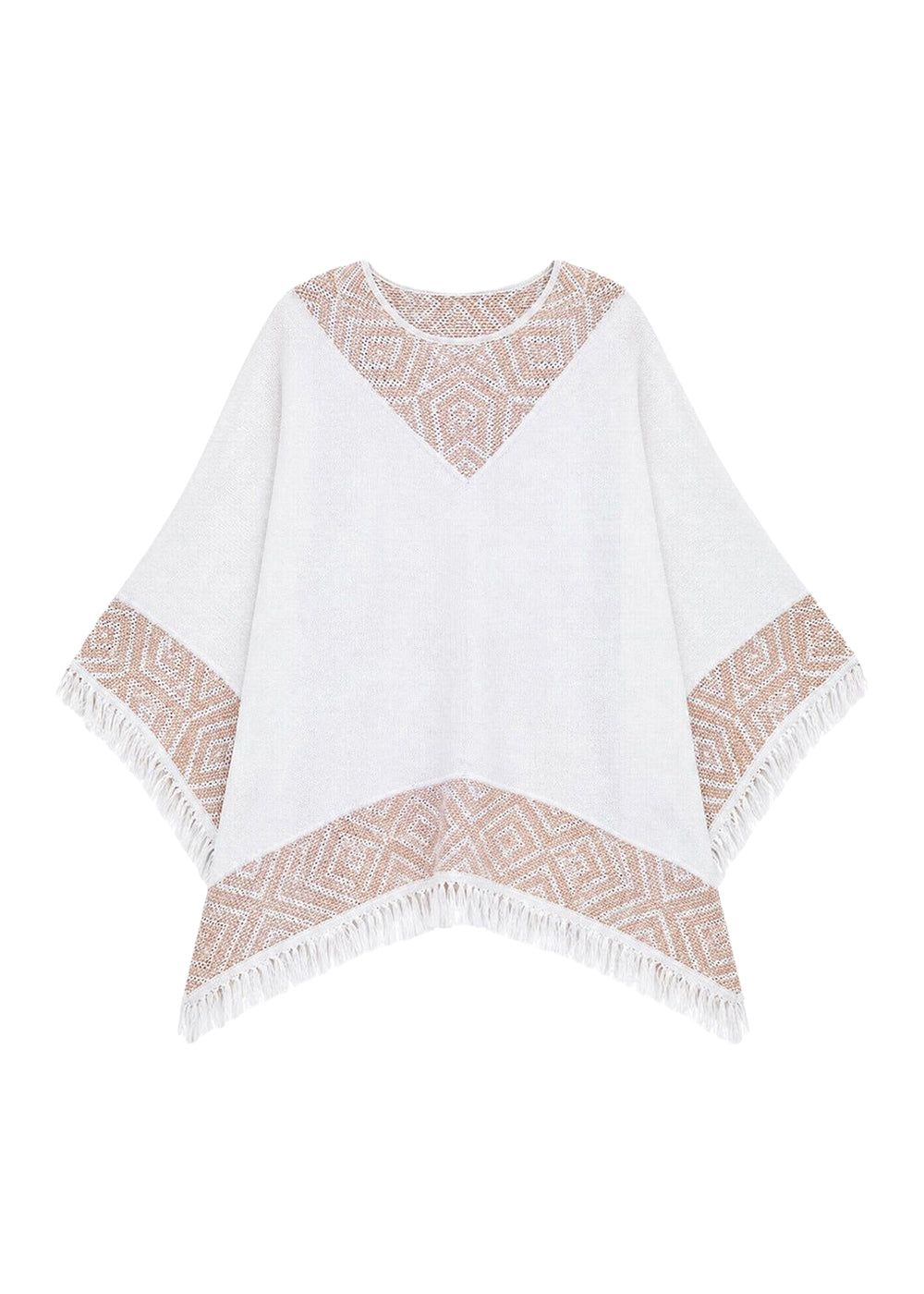 Poncho with a geometric pattern and fringes - Optical White