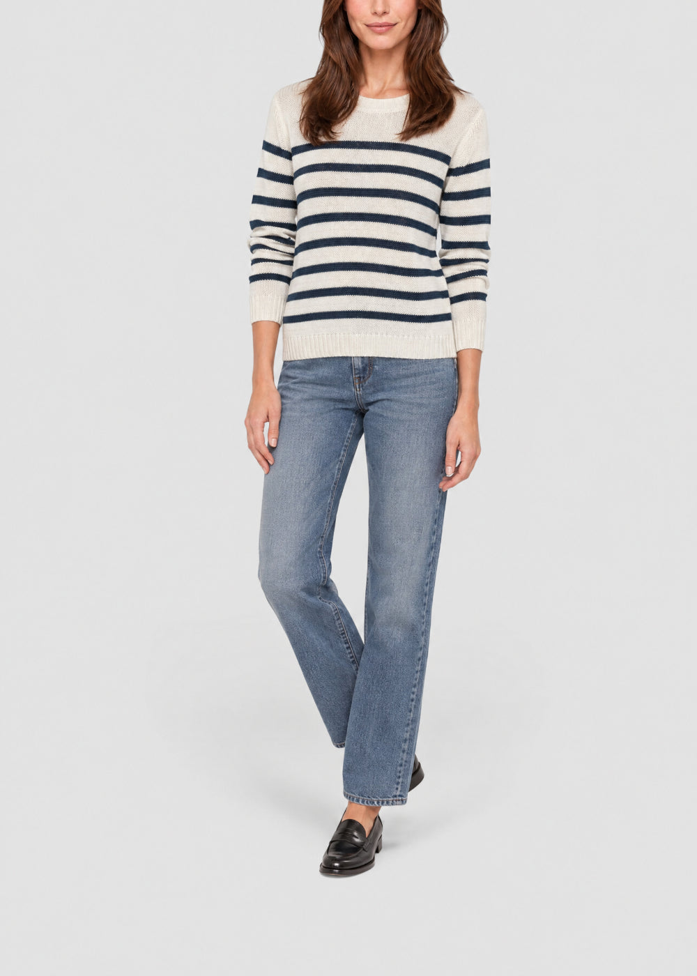 Striped linen jumper with a round neck - Optical White
