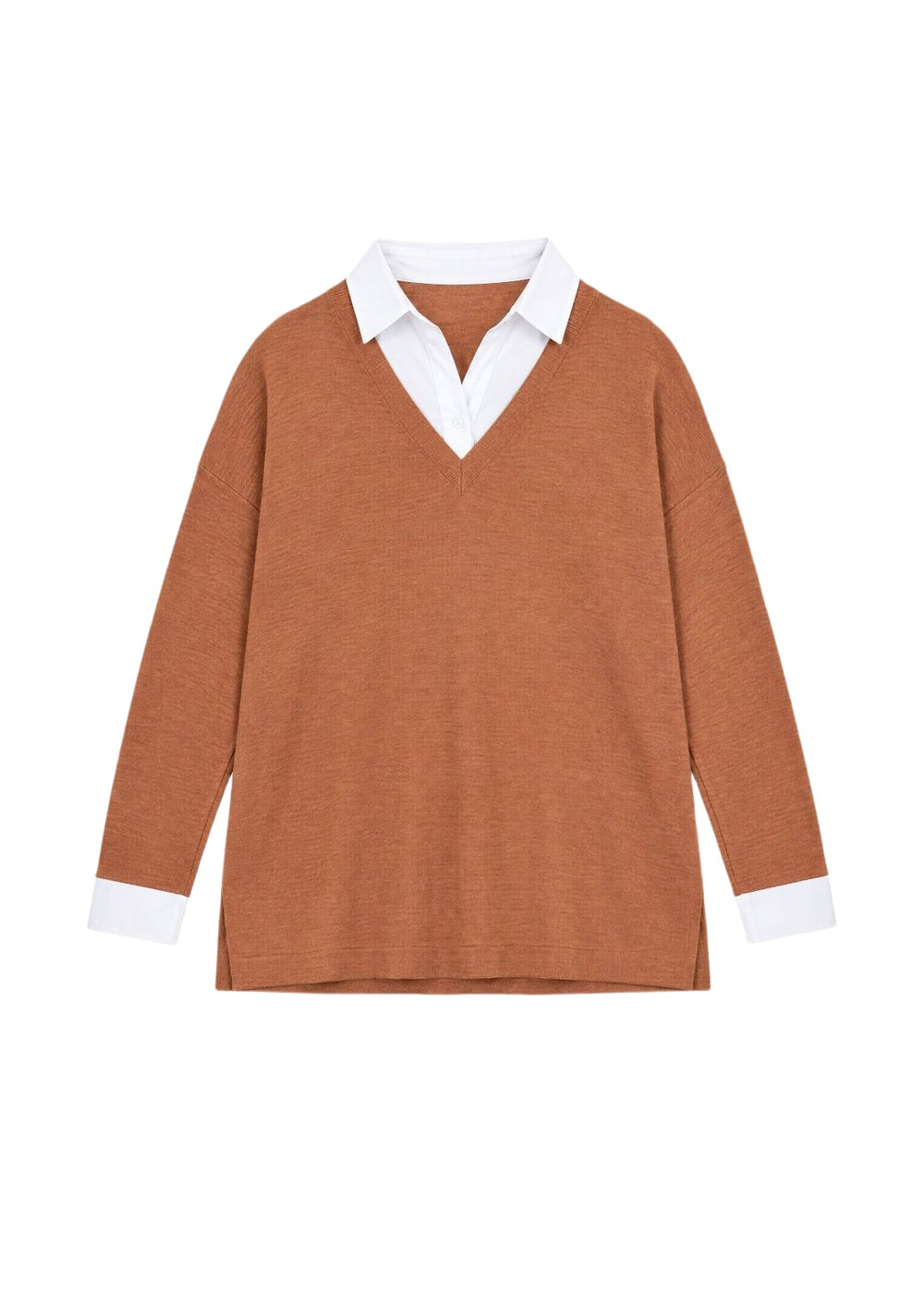 Pull à détails chemise en laine - Camel