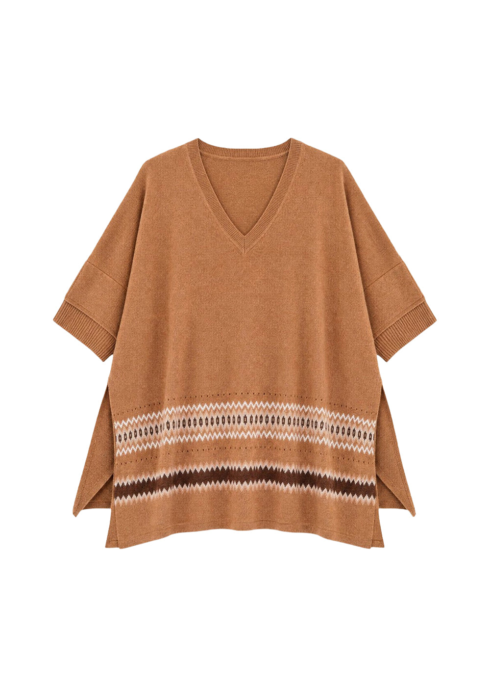 Pull poncho à motif géométrique en cachemire - Camel