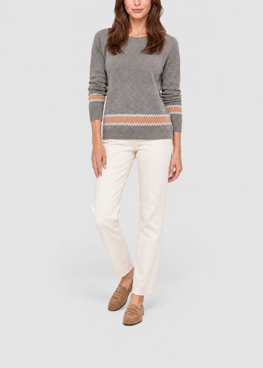 Round-neck cashmere jumper with a geometric pattern - Grey