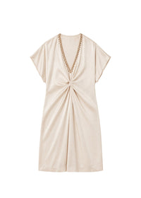 Robe froncée à bijoux en soie - Beige